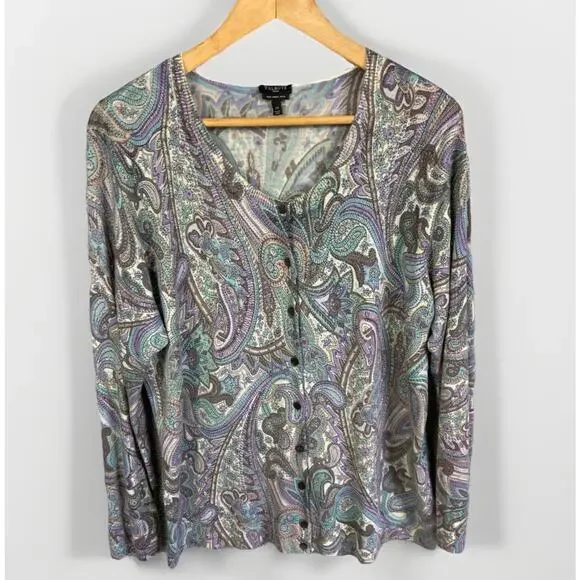 Talbots 100% Merino Wool Cardigan Sweater Women’s 2X Paisley Quiet Luxury Pretty - Picture 1 of 14